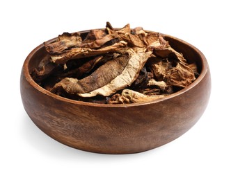 Photo of Pieces of dried mushrooms in bowl isolated on white