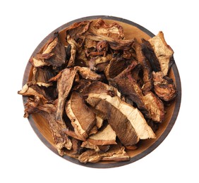 Photo of Pieces of dried mushrooms in bowl isolated on white, top view
