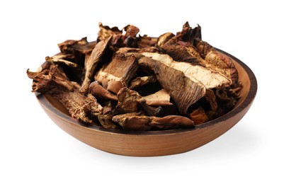 Photo of Pieces of dried mushrooms in bowl isolated on white