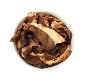 Photo of Pieces of dried mushrooms in bowl isolated on white, top view