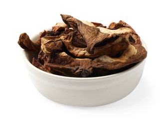 Photo of Pieces of dried mushrooms in bowl isolated on white