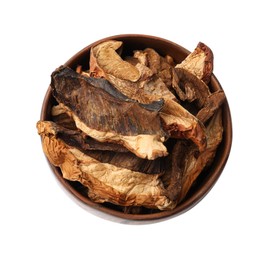 Photo of Pieces of dried mushrooms in bowl isolated on white, top view