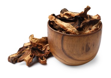 Photo of Pieces of dried mushrooms in bowl isolated on white