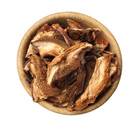 Photo of Pieces of dried mushrooms in bowl isolated on white, top view