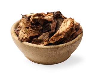 Photo of Pieces of dried mushrooms in bowl isolated on white
