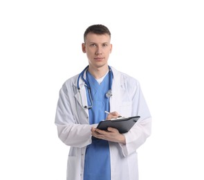 Photo of Medical student with clipboard on white background