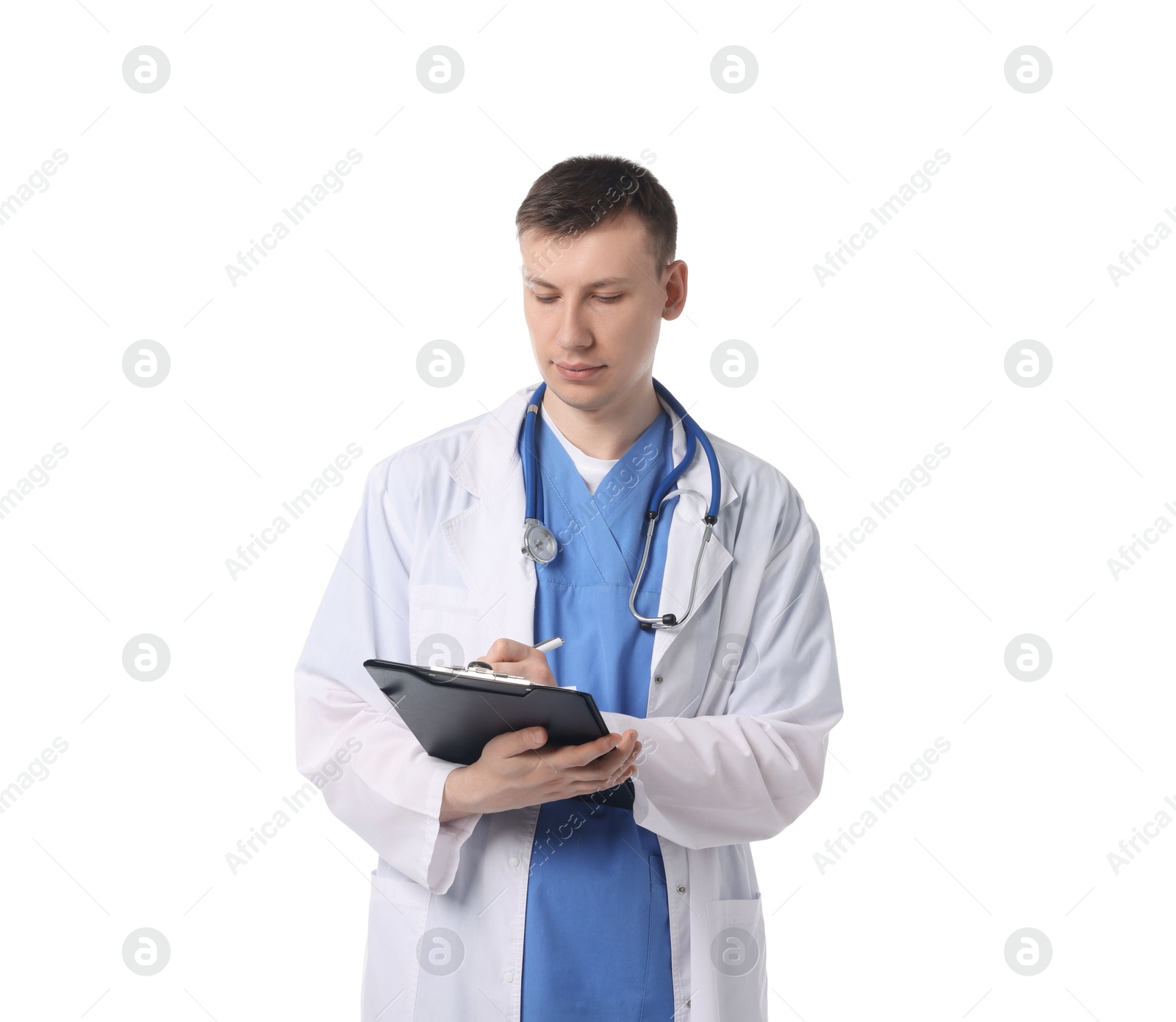 Photo of Medical student with clipboard on white background