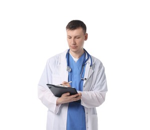 Photo of Medical student with clipboard on white background