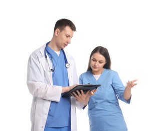 Photo of Medical students with clipboard on white background