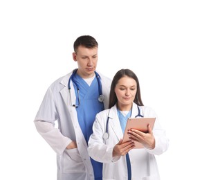 Photo of Medical students with tablet on white background