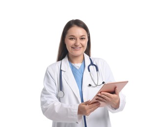 Photo of Medical student with tablet on white background
