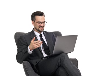 Photo of Professional psychologist having online consultation with his client via laptop on white background