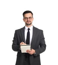 Photo of Professional psychologist with notebook on white background