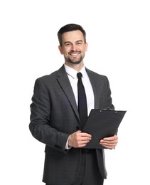 Photo of Professional psychologist with clipboard on white background