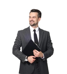 Photo of Professional psychologist with clipboard on white background