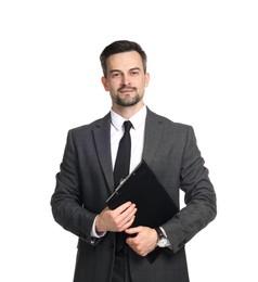 Photo of Professional psychologist with clipboard on white background