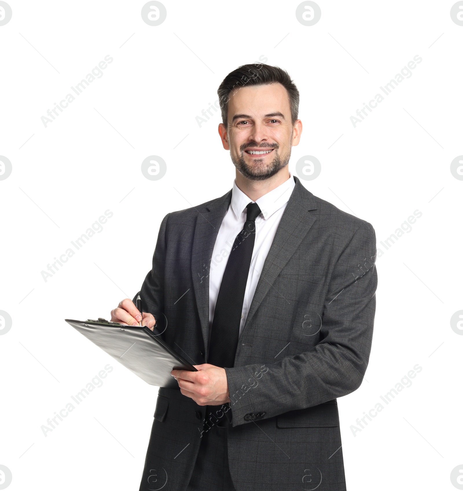 Professional psychologist with clipboard on white background Photo of Professional psychologist with clipboard on white background