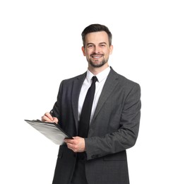 Photo of Professional psychologist with clipboard on white background
