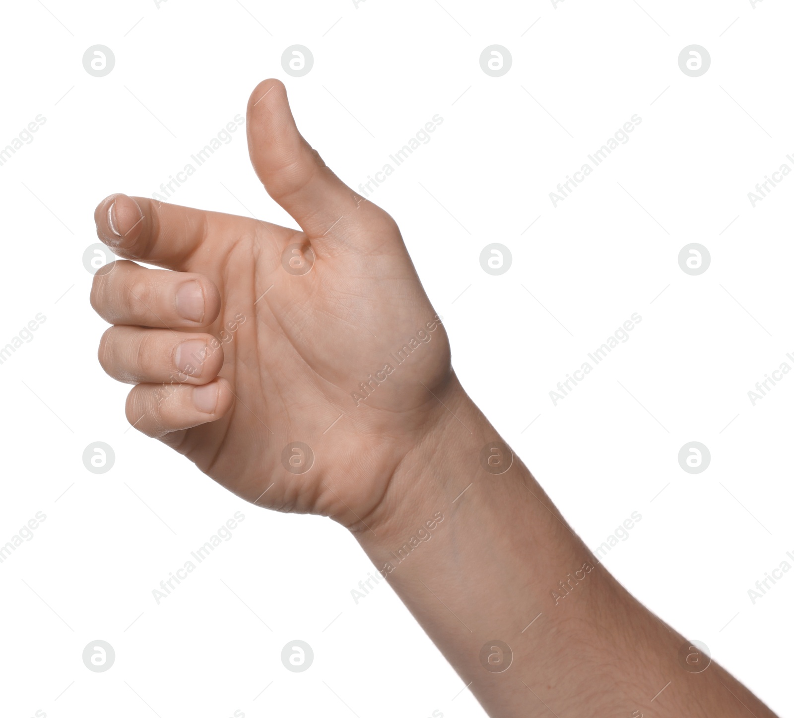 Man holding something on white background, closeup Photo of Man holding something on white background, closeup