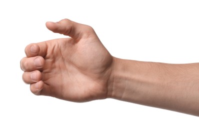 Photo of Man holding something on white background, closeup