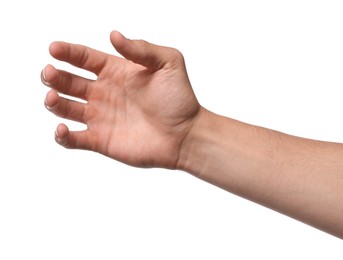 Photo of Man holding something on white background, closeup