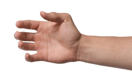 Photo of Man holding something on white background, closeup
