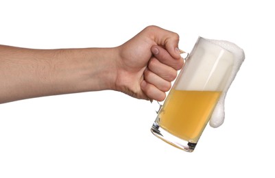 Photo of Man with glass mug of tasty beer on white background, closeup