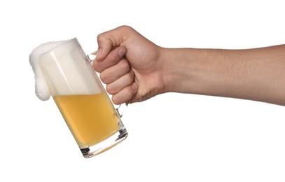 Photo of Man with glass mug of tasty beer on white background, closeup