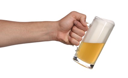 Photo of Man with glass mug of tasty beer on white background, closeup