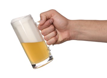 Photo of Man with glass mug of tasty beer on white background, closeup