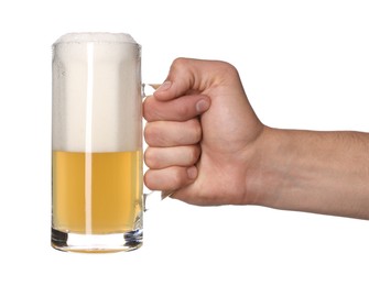 Photo of Man with glass mug of tasty beer on white background, closeup
