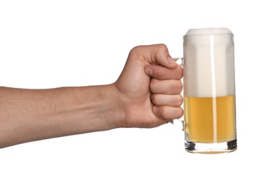 Photo of Man with glass mug of tasty beer on white background, closeup