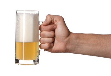 Photo of Man with glass mug of tasty beer on white background, closeup