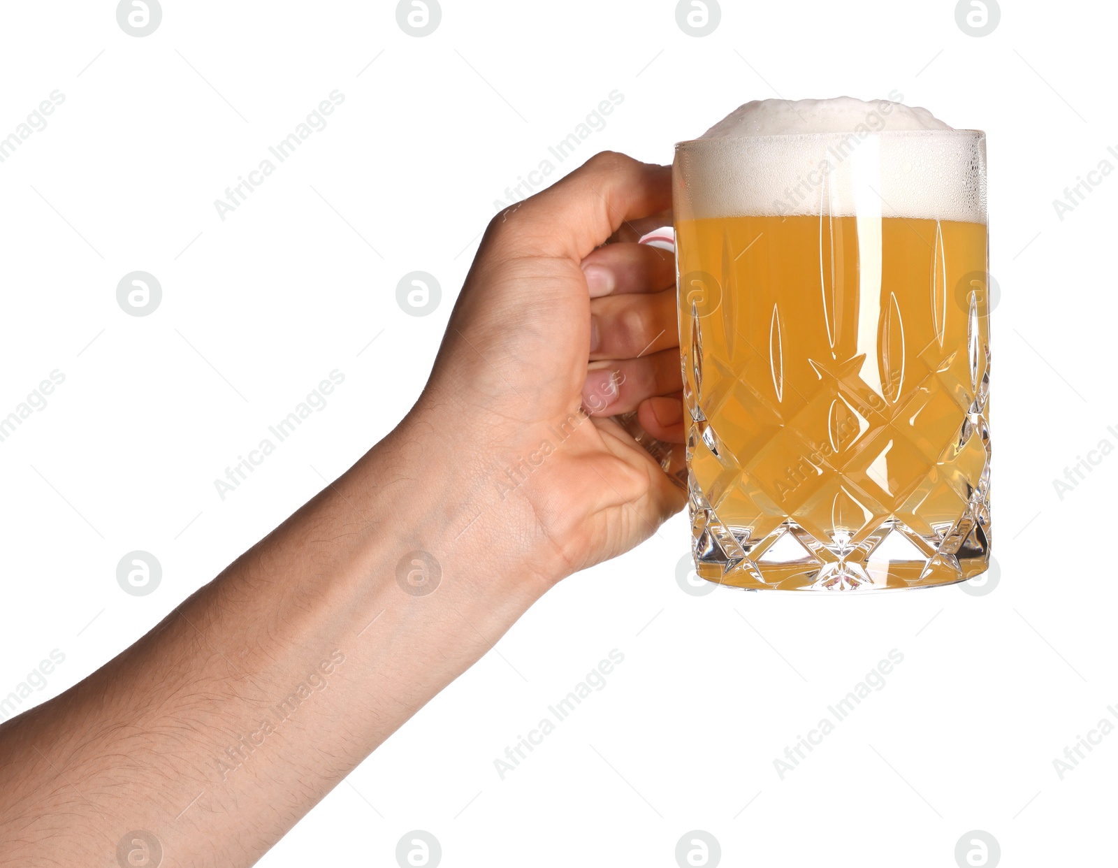 Man with glass mug of tasty beer on white background, closeup Photo of Man with glass mug of tasty beer on white background, closeup
