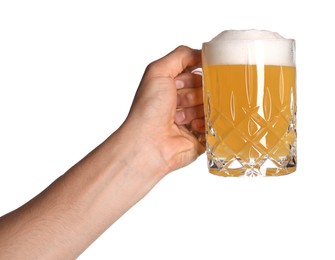 Photo of Man with glass mug of tasty beer on white background, closeup