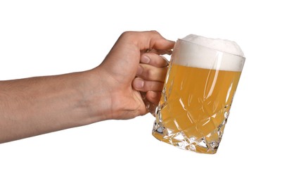 Photo of Man with glass mug of tasty beer on white background, closeup