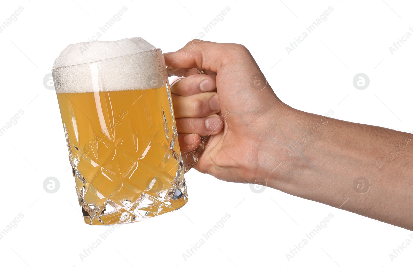 Man with glass mug of tasty beer on white background, closeup Photo of Man with glass mug of tasty beer on white background, closeup