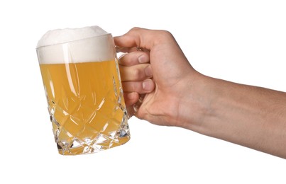 Photo of Man with glass mug of tasty beer on white background, closeup
