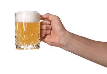 Photo of Man with glass mug of tasty beer on white background, closeup