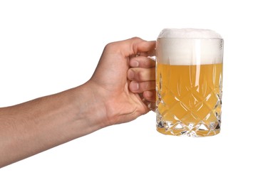 Photo of Man with glass mug of tasty beer on white background, closeup