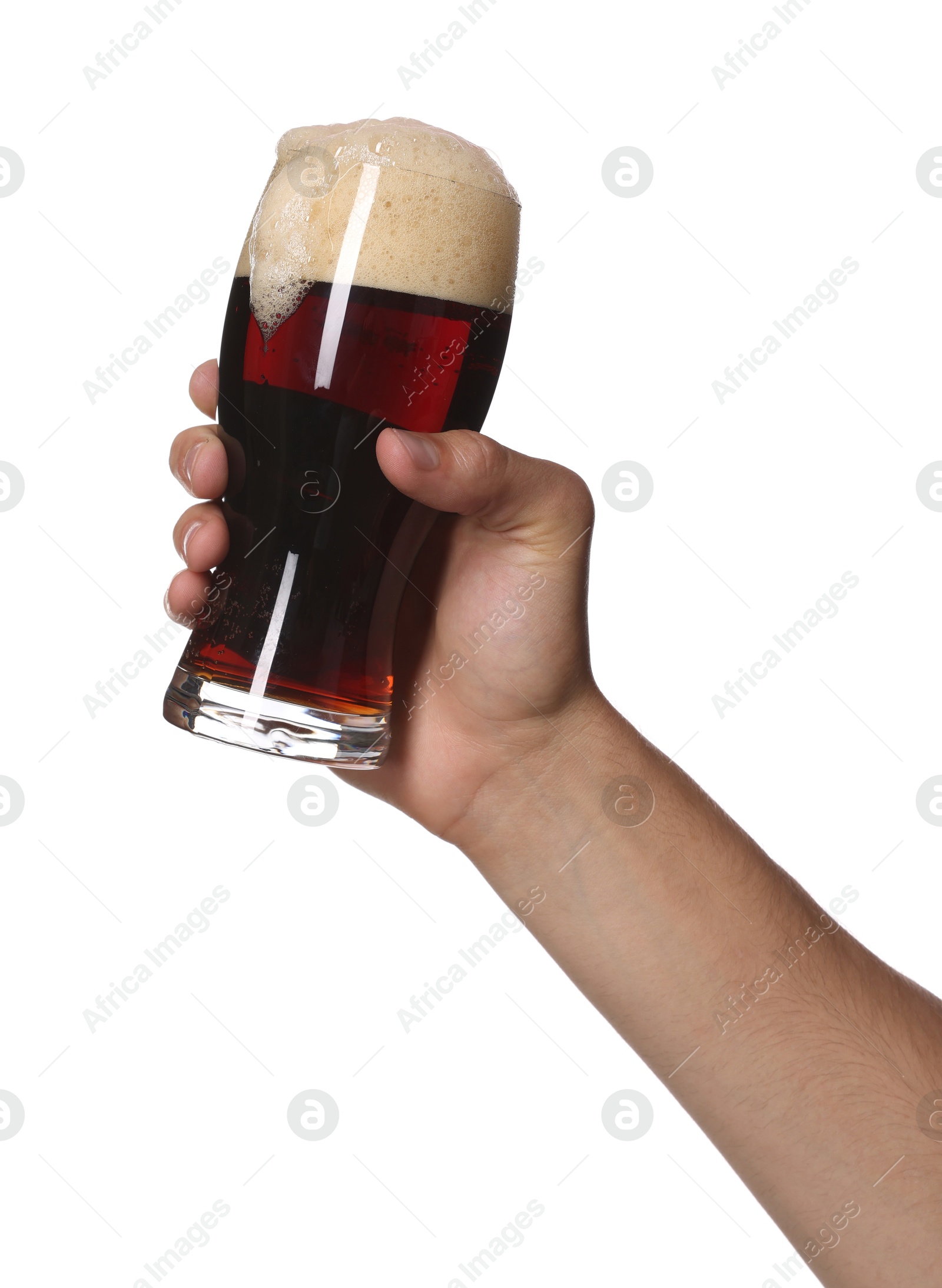 Man with glass of tasty beer on white background, closeup Photo of Man with glass of tasty beer on white background, closeup
