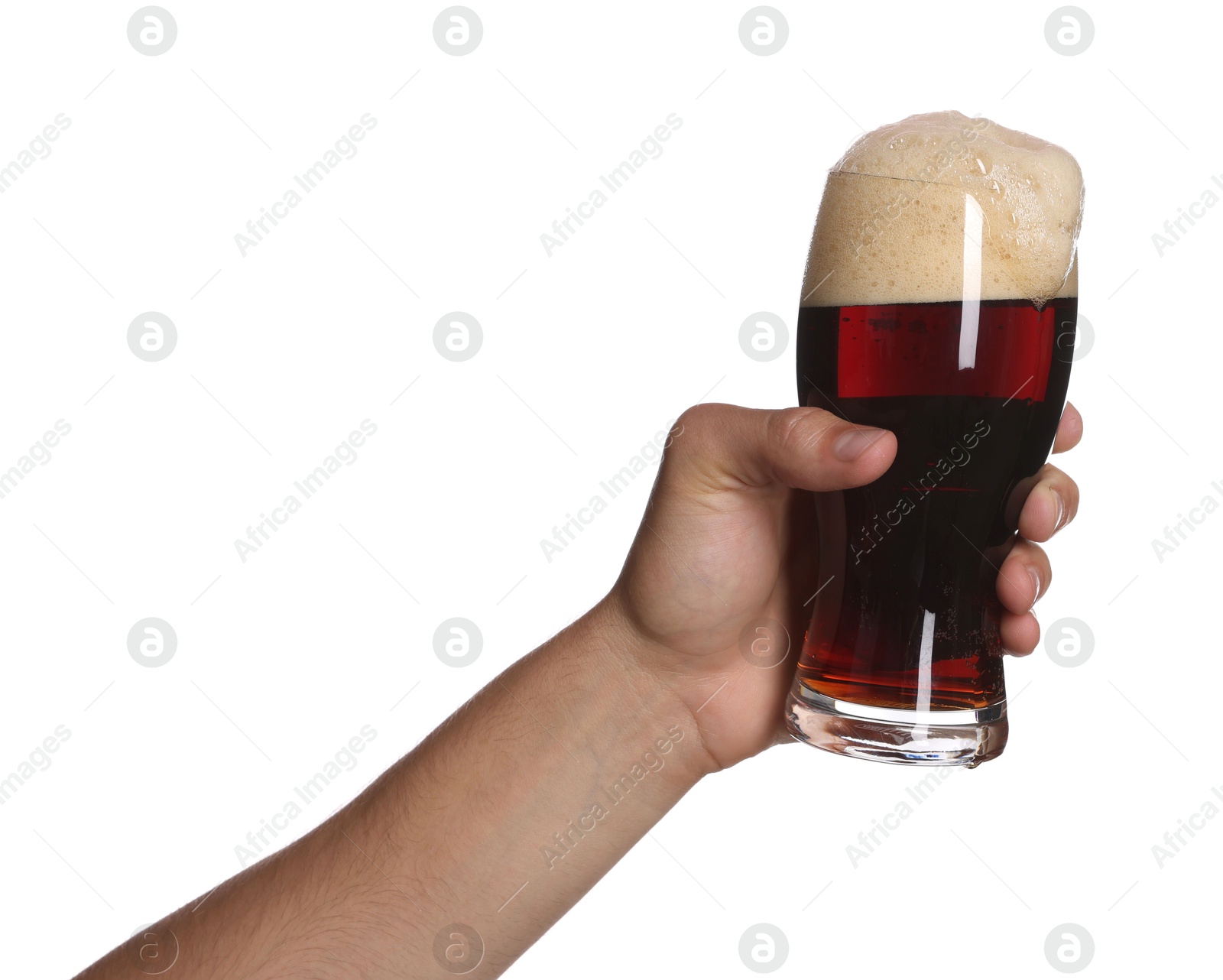 Man with glass of tasty beer on white background, closeup Photo of Man with glass of tasty beer on white background, closeup