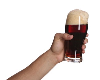 Photo of Man with glass of tasty beer on white background, closeup