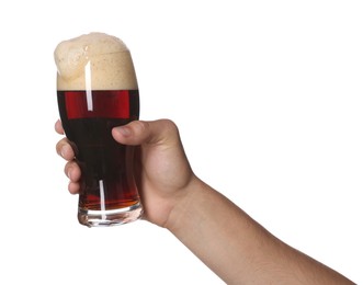 Photo of Man with glass of tasty beer on white background, closeup