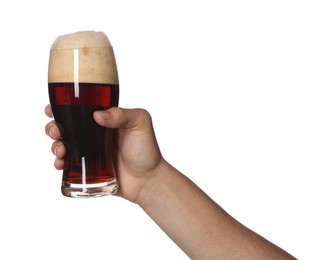 Photo of Man with glass of tasty beer on white background, closeup