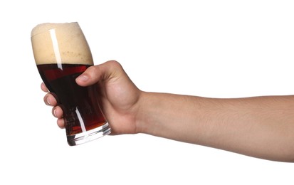 Photo of Man with glass of tasty beer on white background, closeup