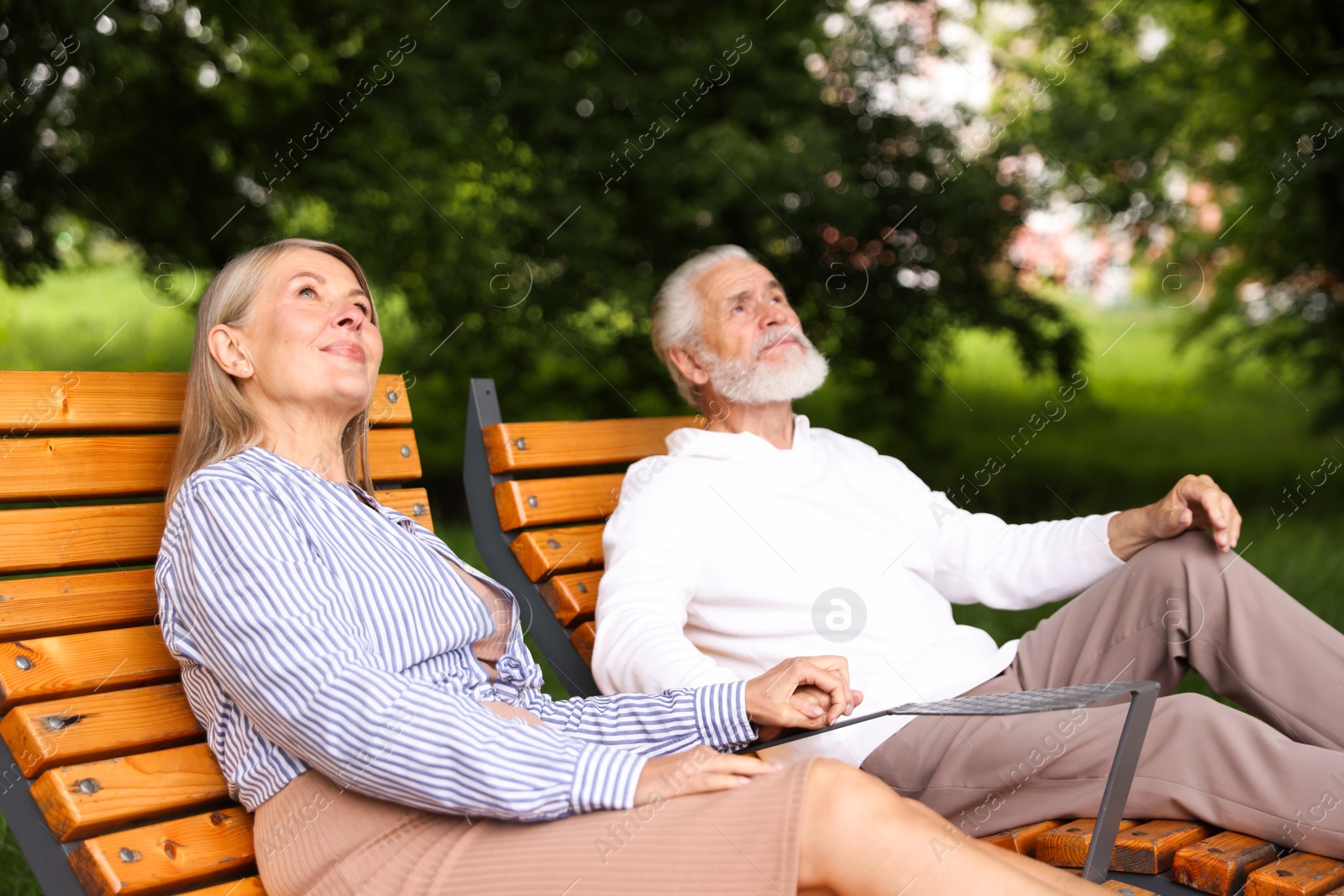 Lovely senior couple resting on wooden sunbeds in park Photo of Lovely senior couple resting on wooden sunbeds in park
