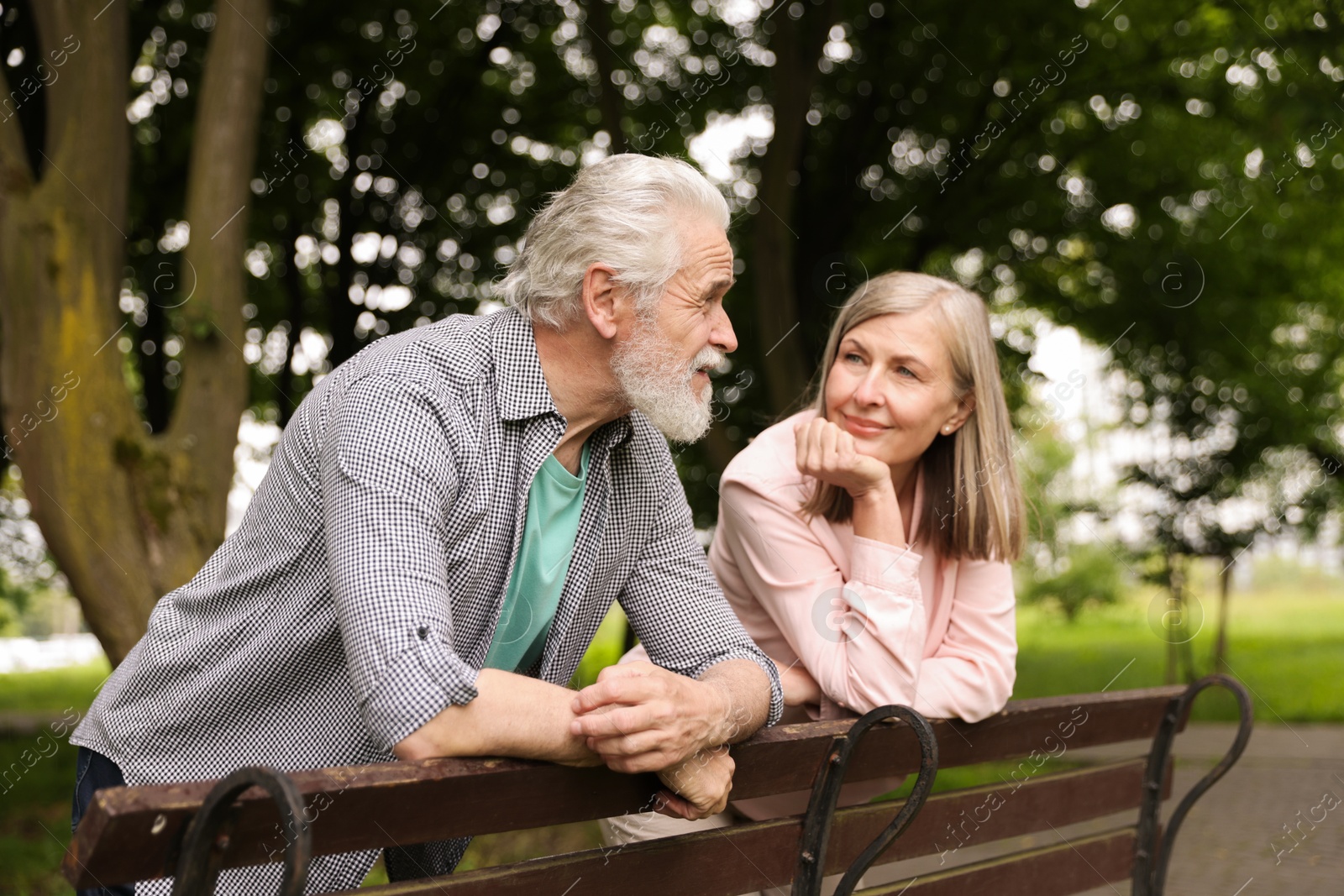 Lovely senior couple near wooden bench in park Photo of Lovely senior couple near wooden bench in park