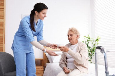Photo of Nurse giving cup of drink to senior woman indoors. Home health care service