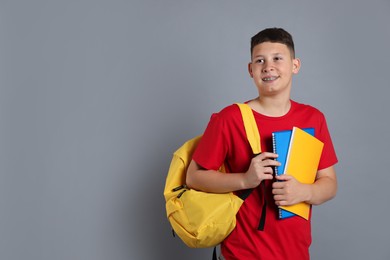 Photo of Teenage boy with notebooks and backpack on grey background, space for text